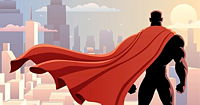 A superhero, facing away from viewer, toward the city