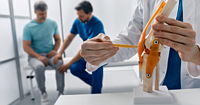 Adult man with knee injury during consultation with doctor traumatologist at medical clinic