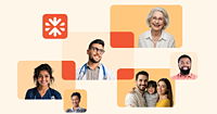 A fram with multiple clinician images in floating rectangles on an orange background.