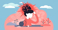 An illustration of a woman with an explosion behind her head, with a grenade beside her.