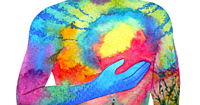Water color painting of a person, cut off at the shoulders and waist with their hand over their heart.