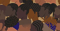 An illustration of a serious of heads in profile with a variety of dark skin tones and traditional black hairstyles.